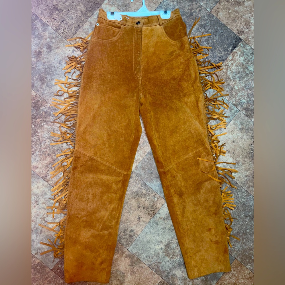 COPY - 100% leather suede high waisted pants with tassels